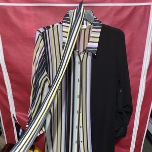 Calvin Klein Green and Black Pin Striped Tie Up T- Shirt Dress (Large)